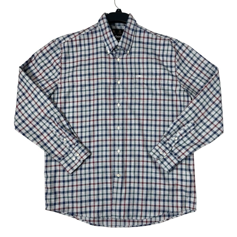 Barbour Flannel Shirt Mens Large L/S Gray Blue Red Plaid Button Up Thermo Coll